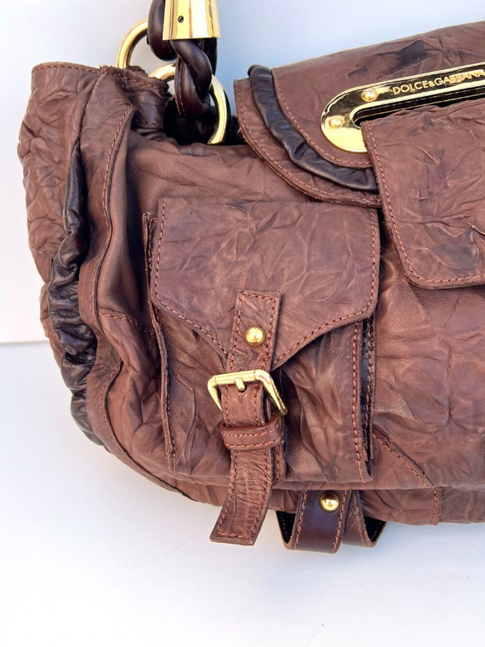 Authentic DOLCE & GABBANA Mainline Brown Crinkled Leather Braided Hobo Bag Y2K - Picture 7 of 13